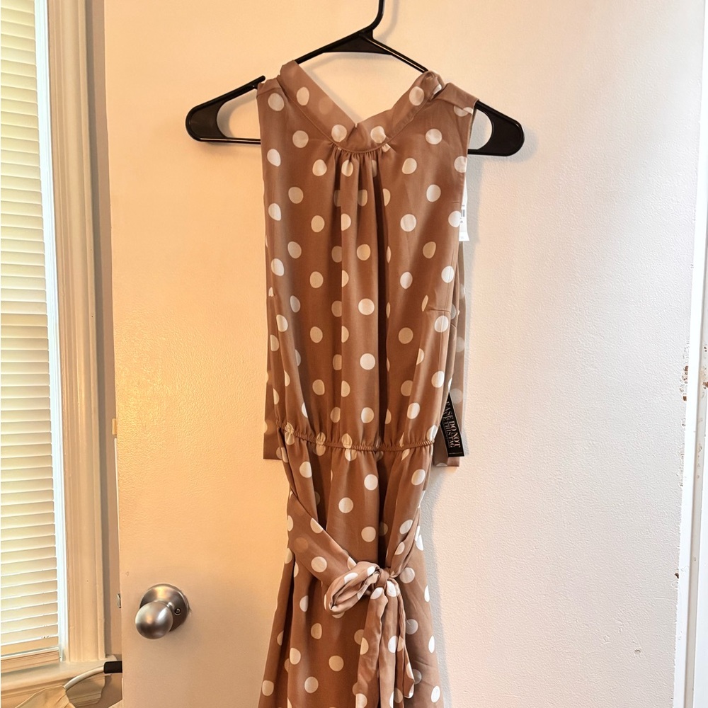 New York & Company Tan and White Polka Dot Sleeveless Tie-Waist Dress